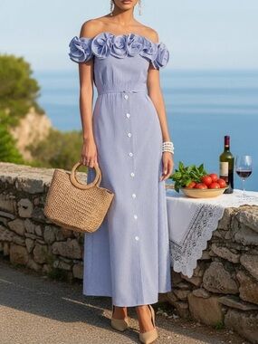 NWT Chillinen/Linen Vibes Off-Shoulder Blue Stripe Dress with Floral Ruffle